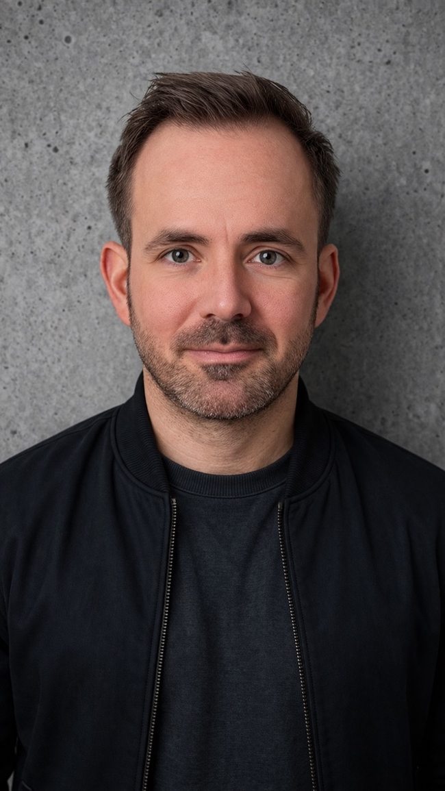Portrait von Kai Langer vor einer Betonwand.